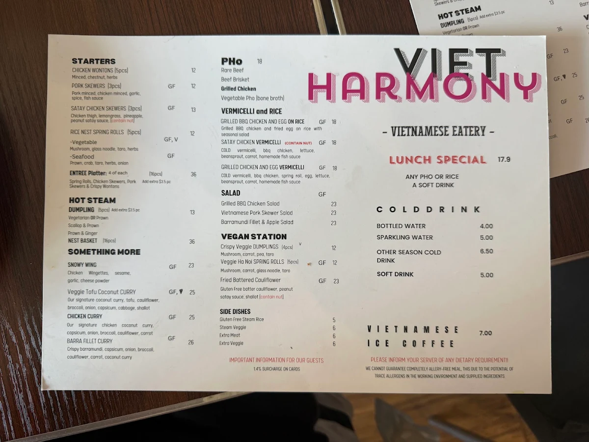 Menu, Viet Harmony Flemington