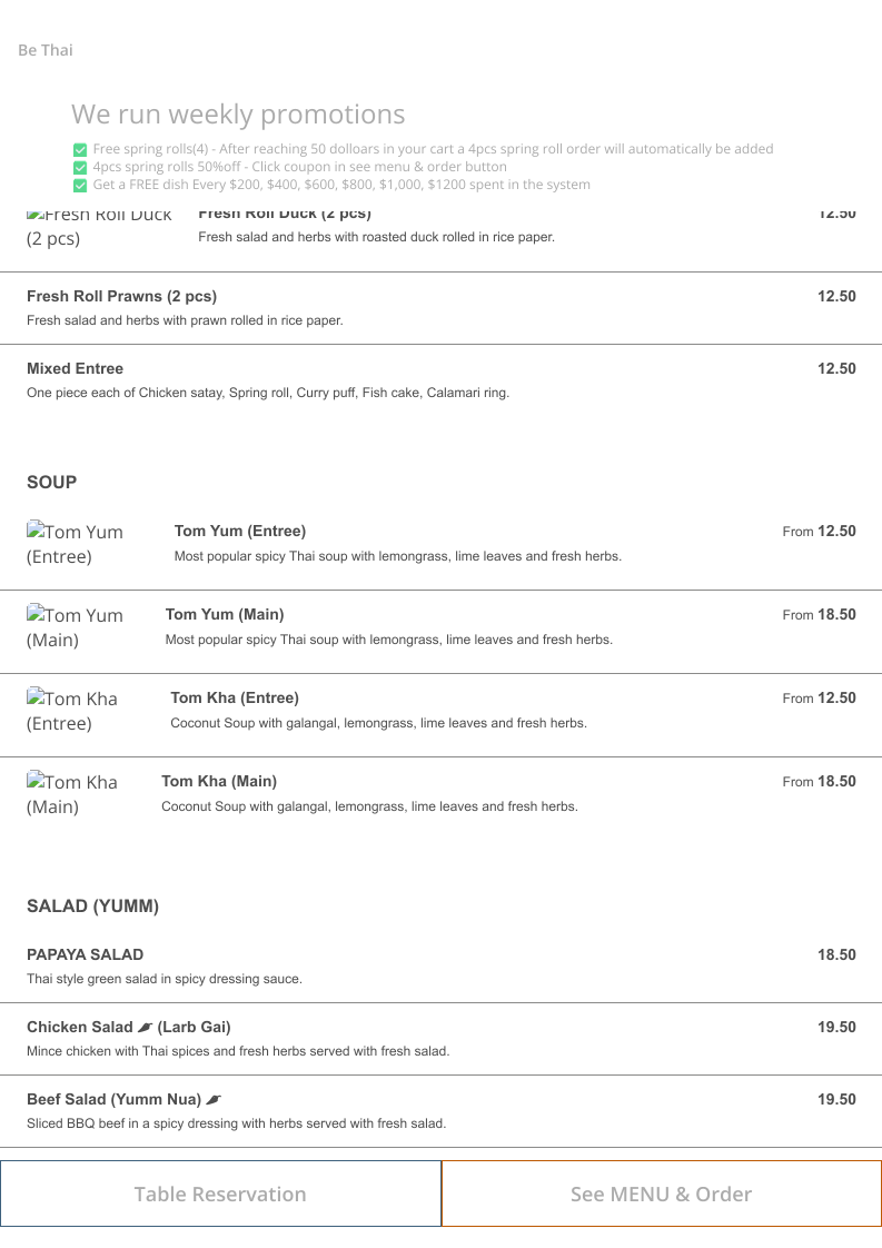 Menu, Be Thai