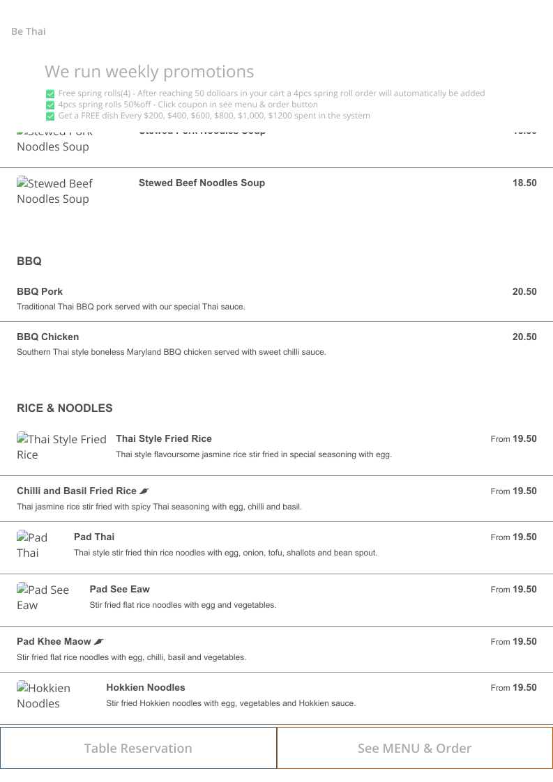 Menu, Be Thai