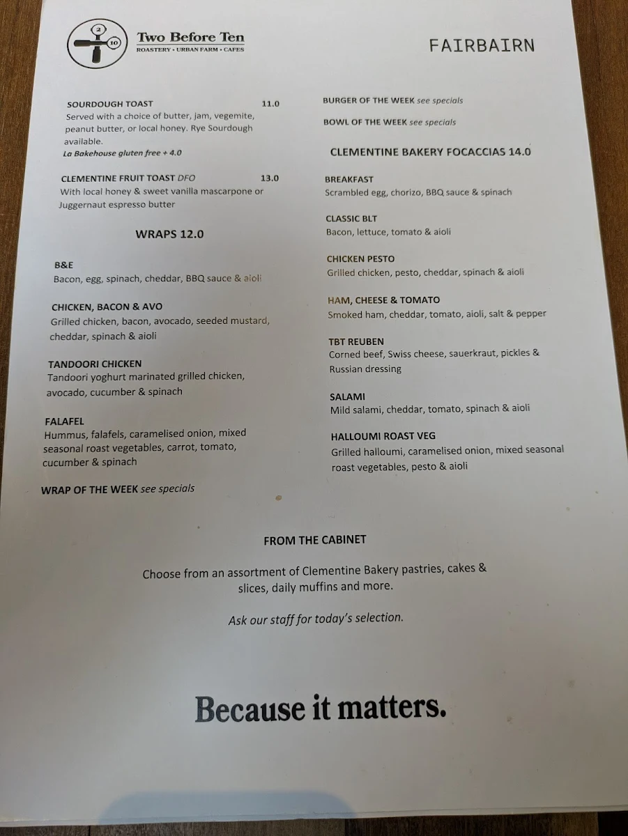 Menu, Two Before Ten Fairbairn