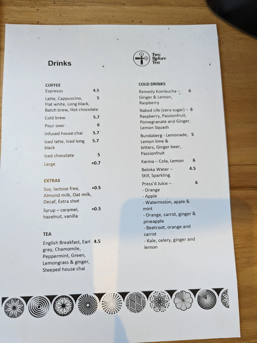 Menu, Two Before Ten Fairbairn