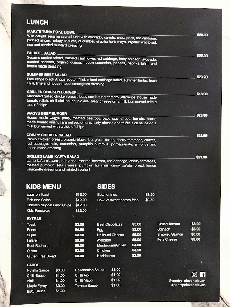 Menu, Pantry eleveneleven