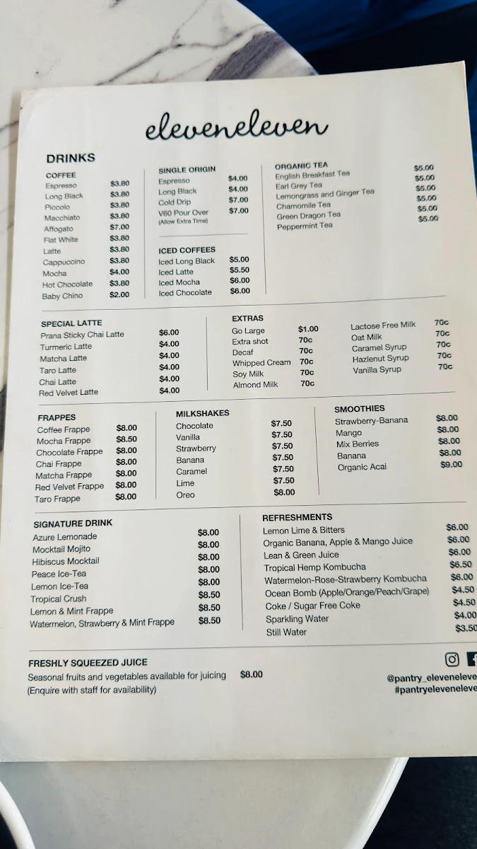 Menu, Pantry eleveneleven