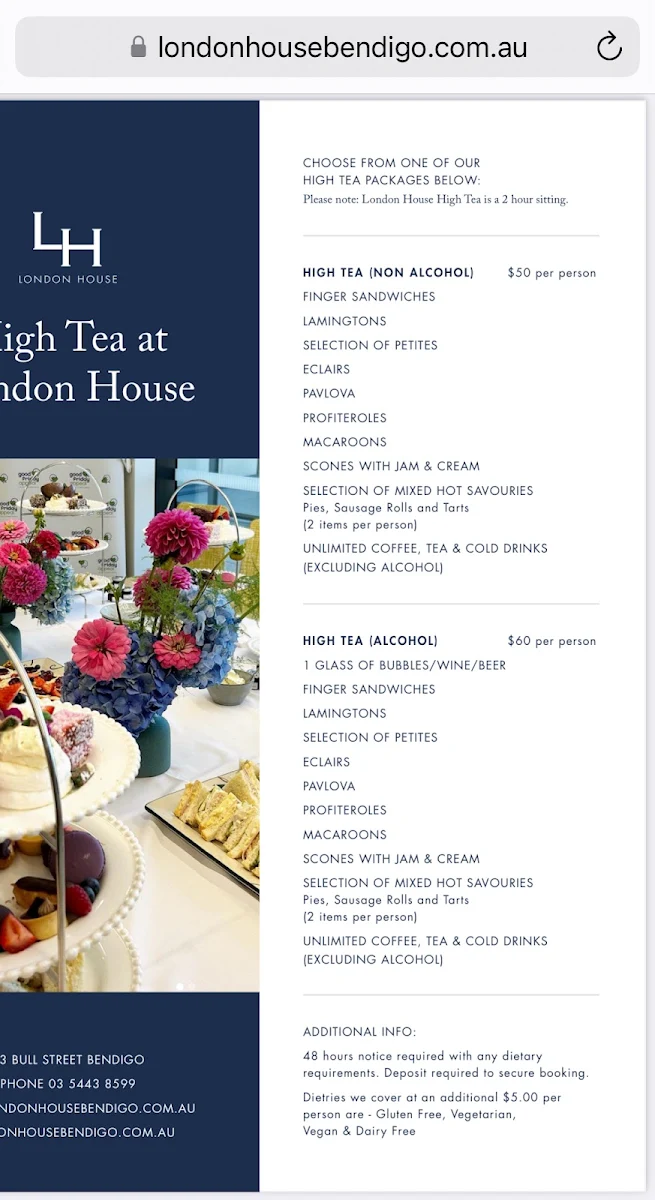 Menu, London House Bendigo