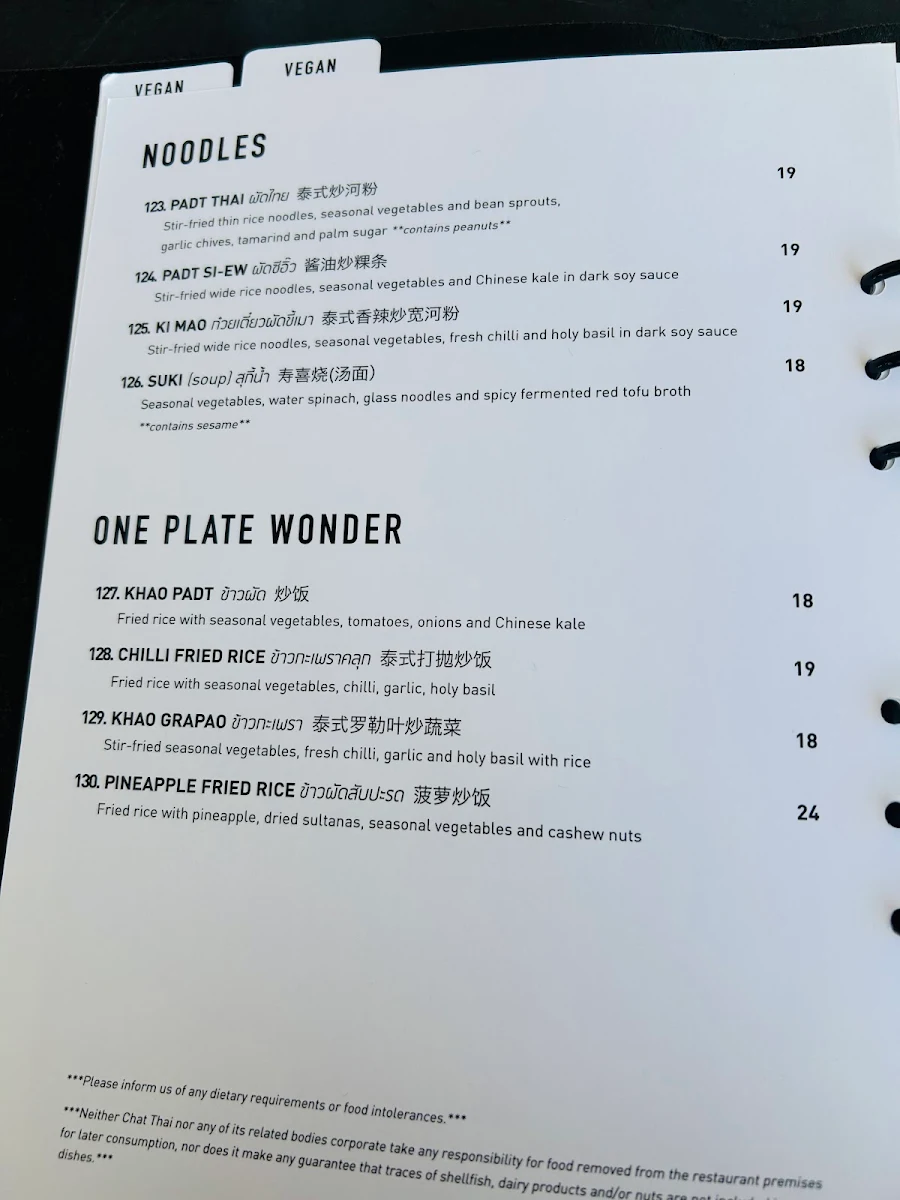 Menu, Chat Thai - Chatswood