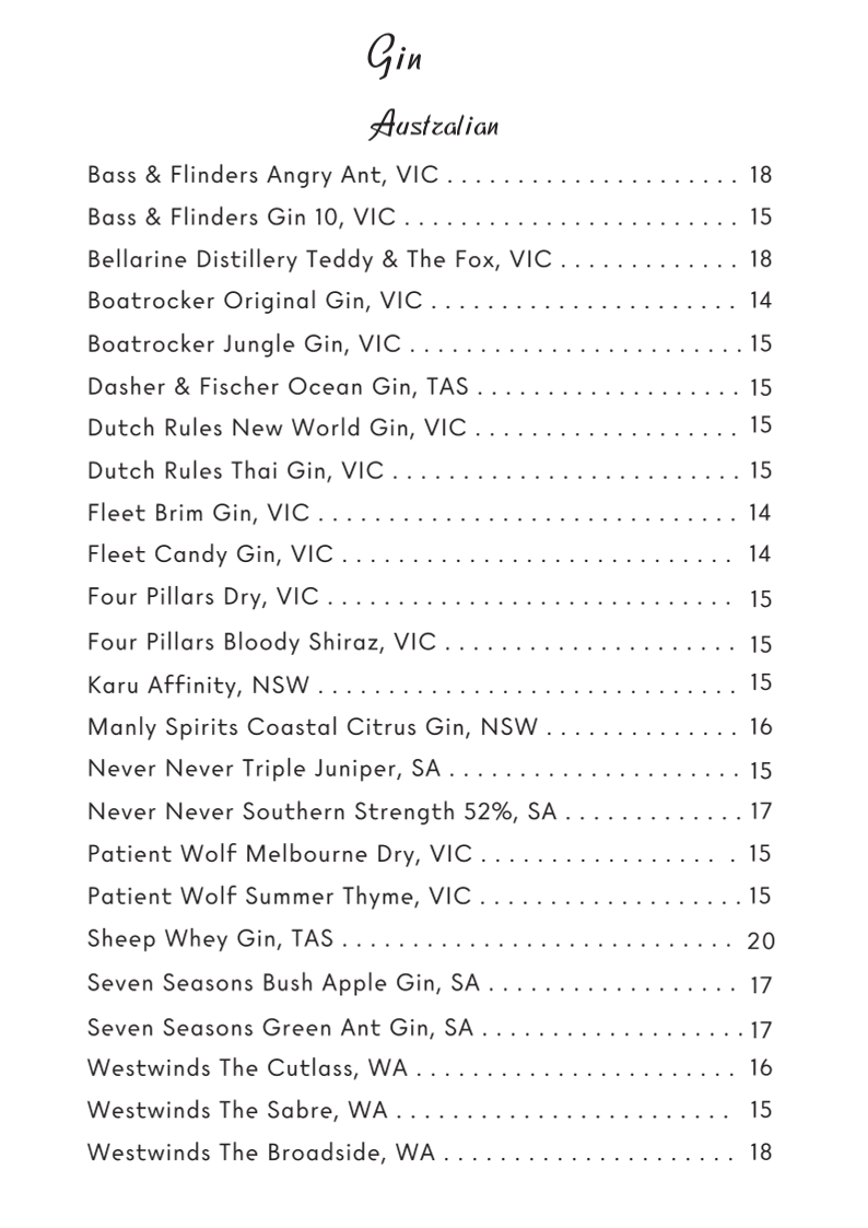 Menu, Fleet Rooftop Bar