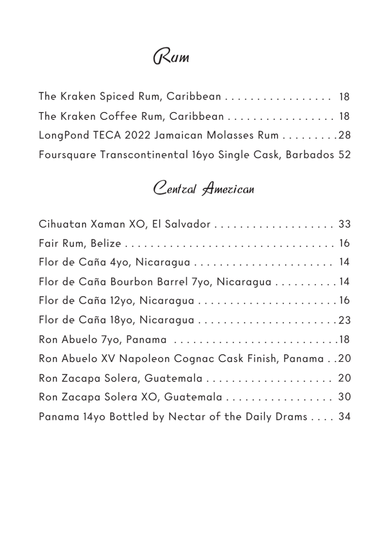 Menu, Fleet Rooftop Bar