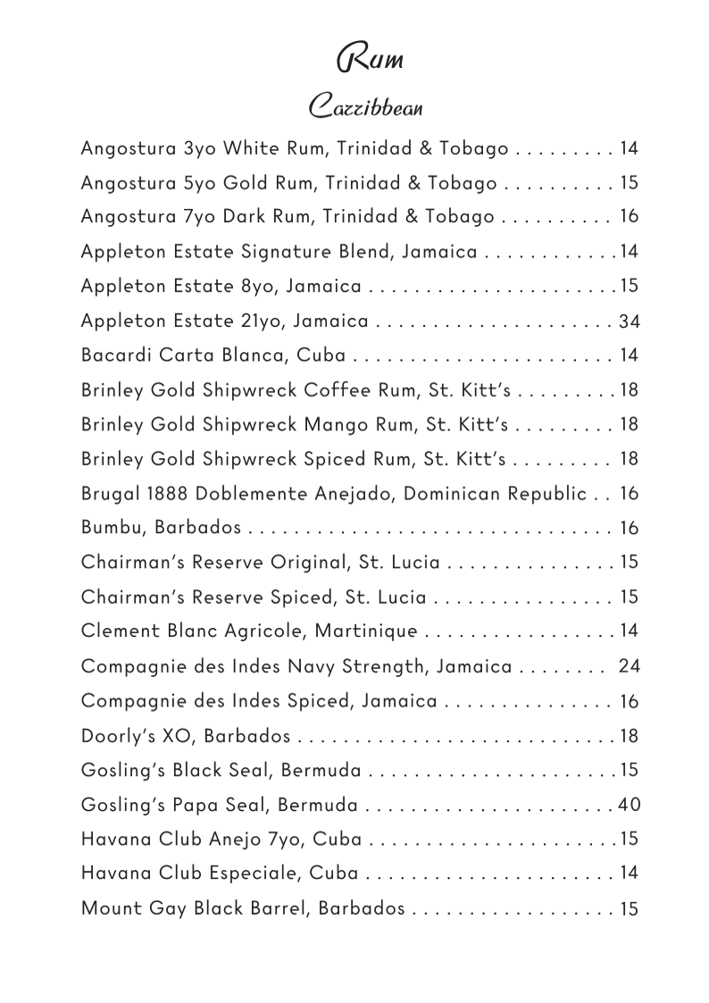 Menu, Fleet Rooftop Bar