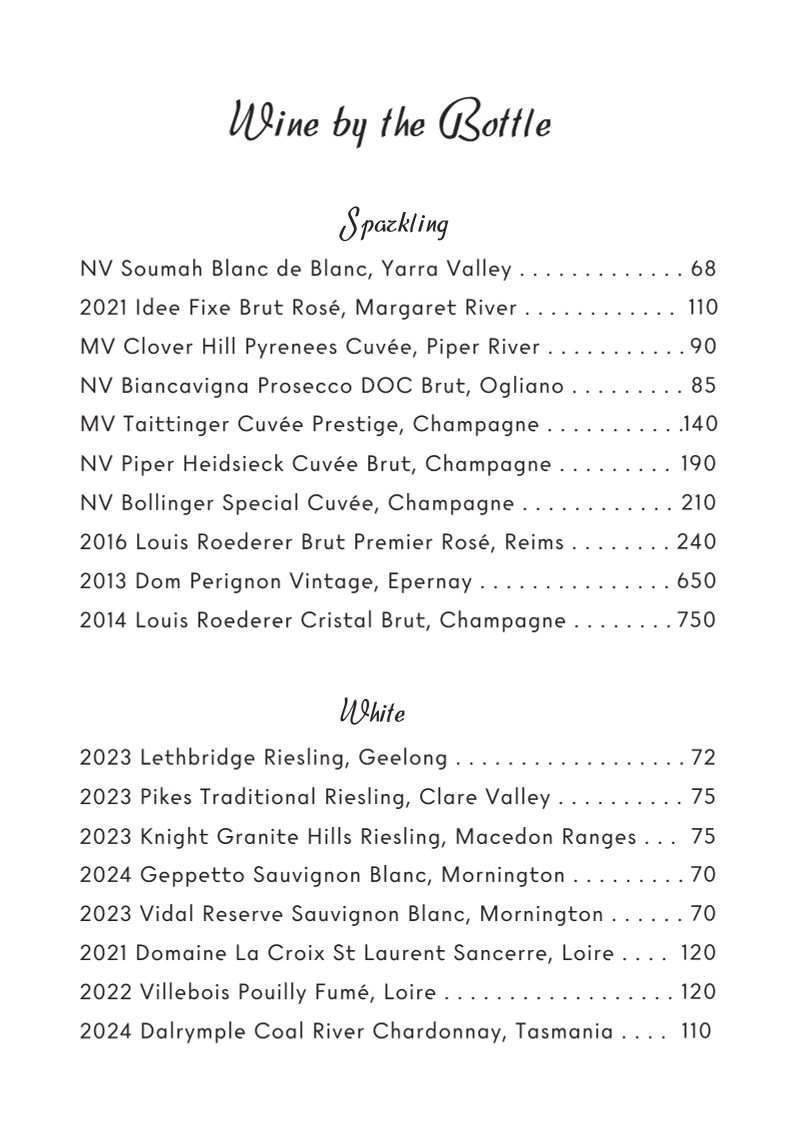 Menu, Fleet Rooftop Bar