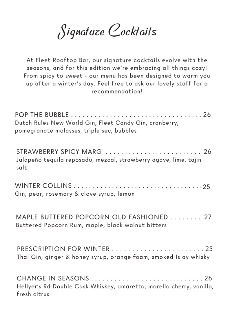 Menu, Fleet Rooftop Bar