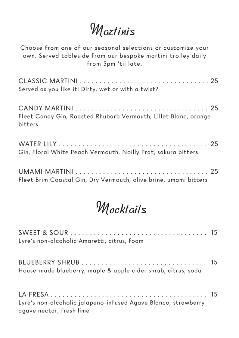 Menu, Fleet Rooftop Bar