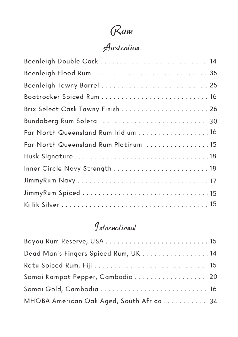 Menu, Fleet Rooftop Bar