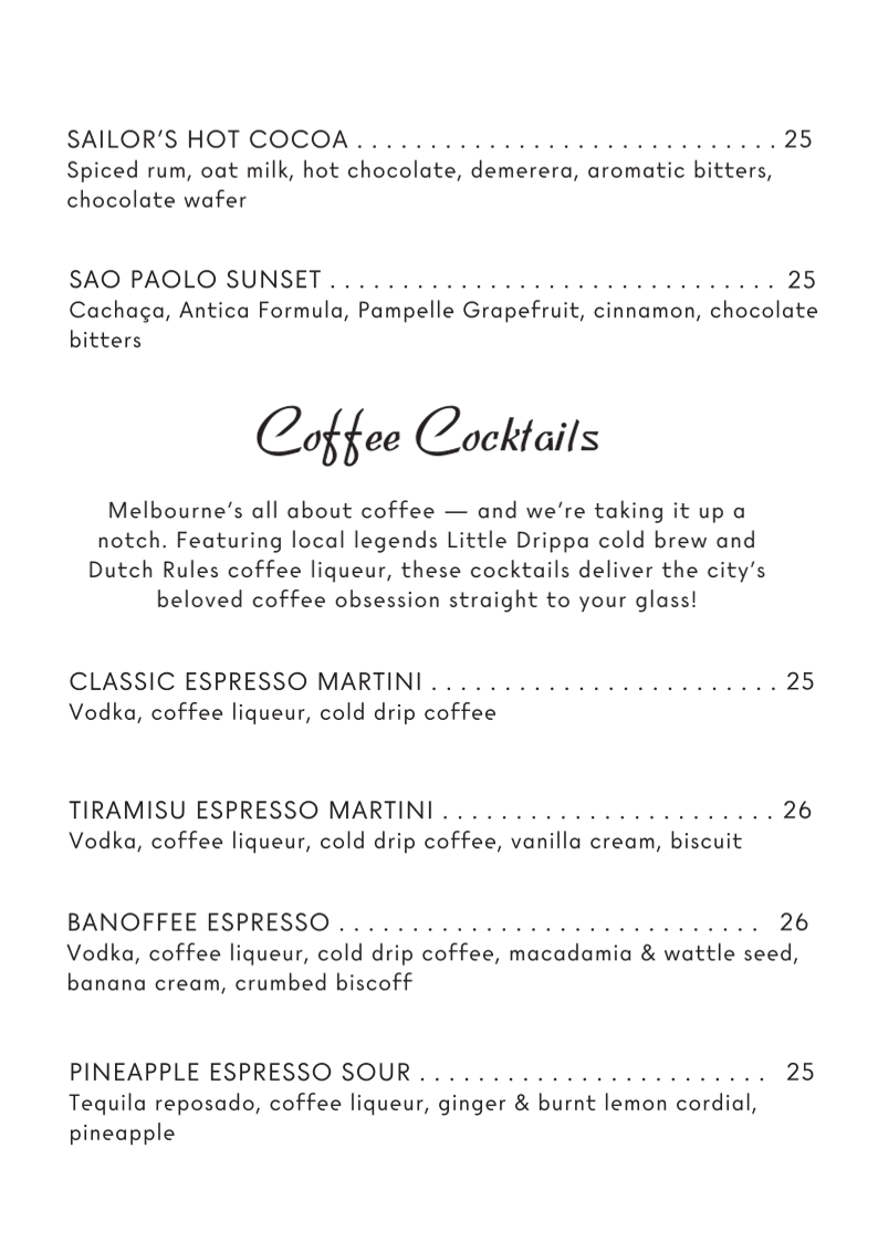 Menu, Fleet Rooftop Bar