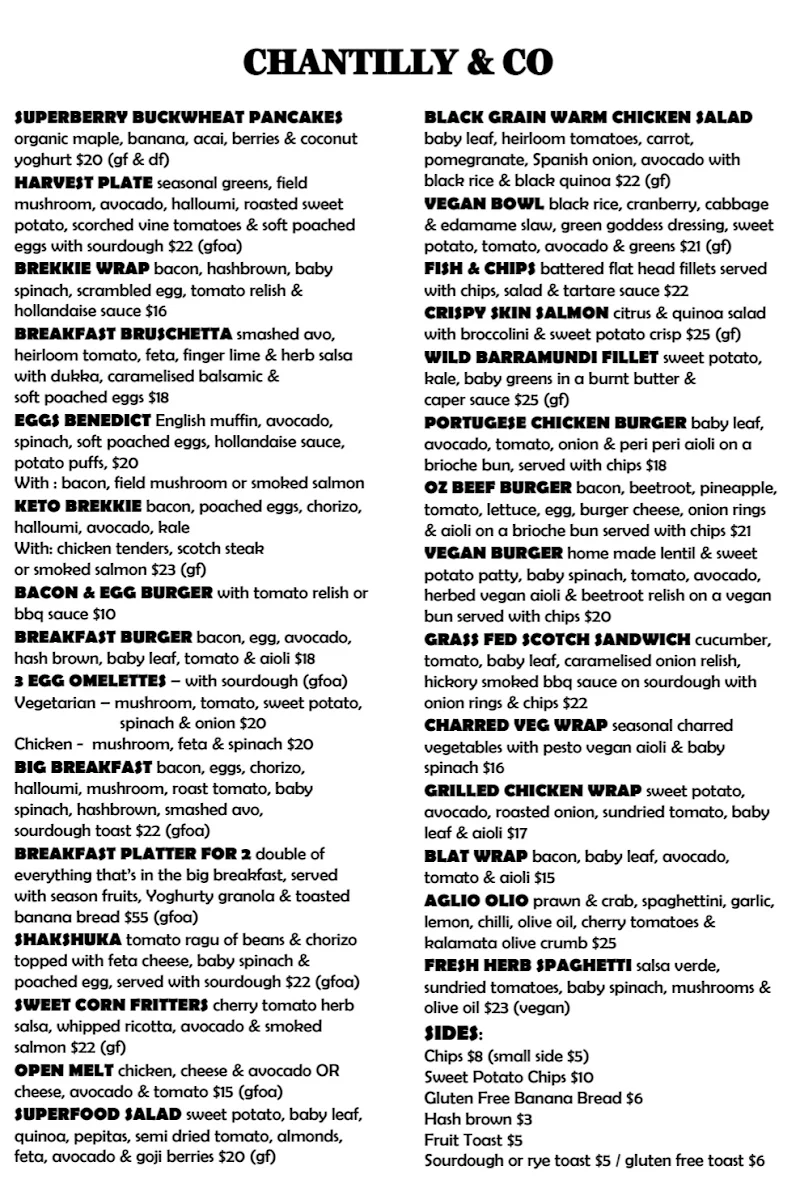 Menu, Chantilly & Co