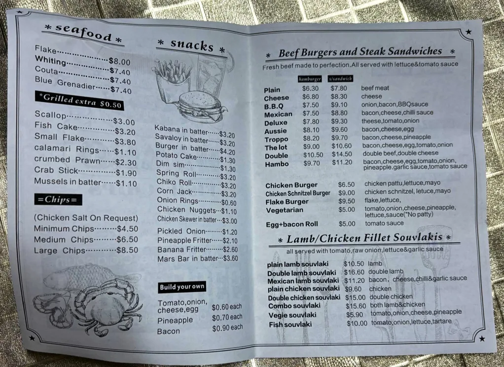 Menu, Hambo Fish & Chips
