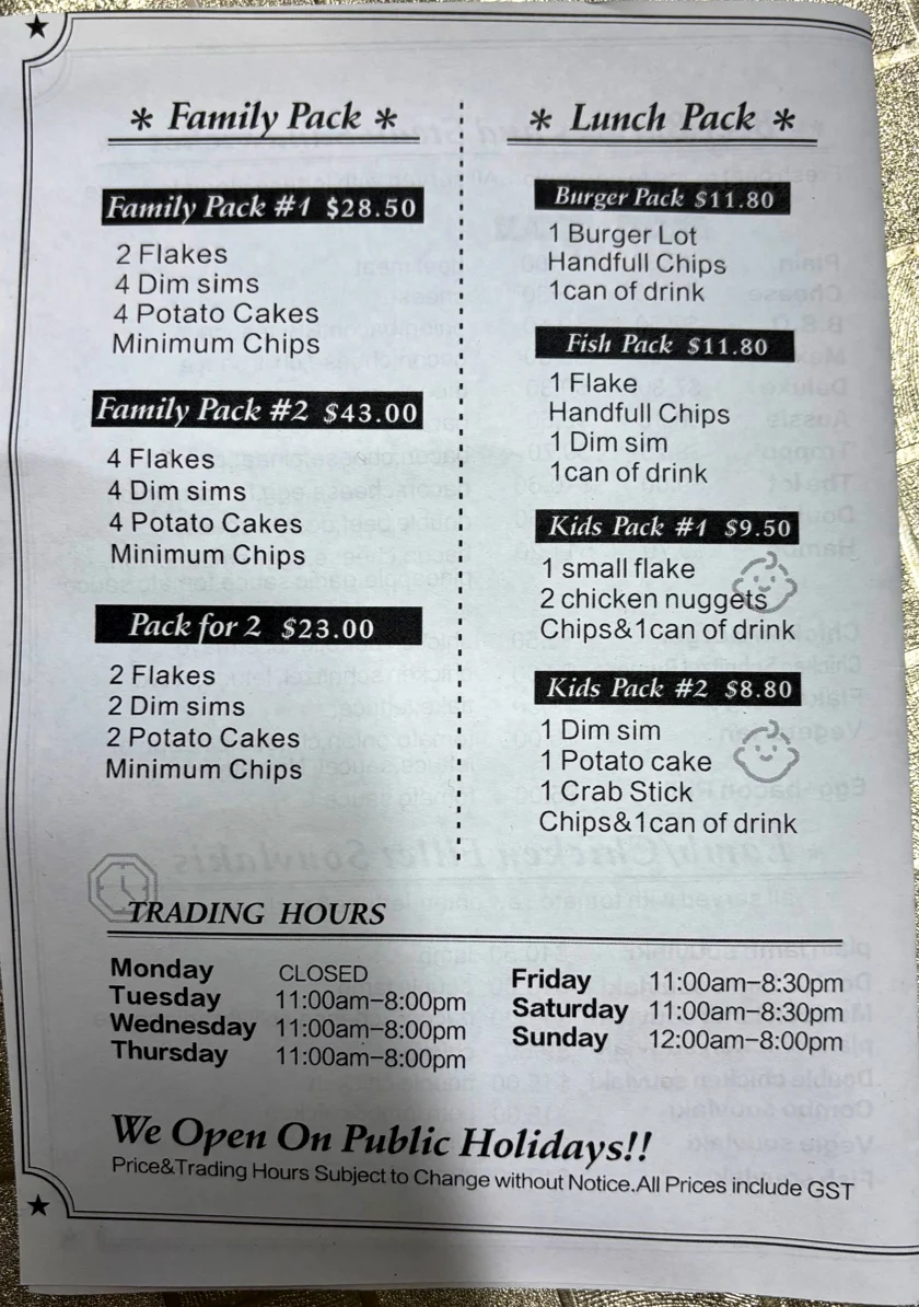 Menu, Hambo Fish & Chips