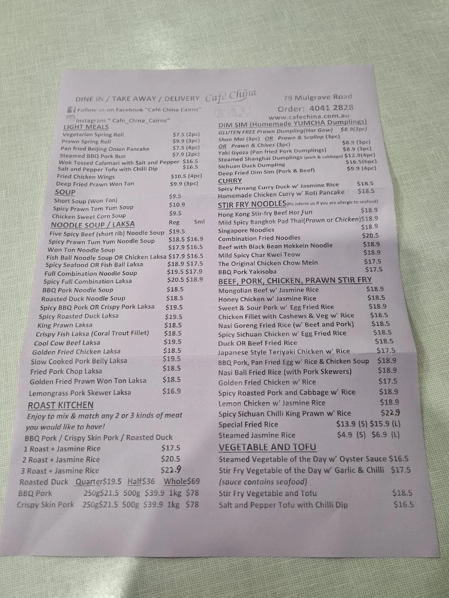 Menu, Cafe China On Mulgrave Road
