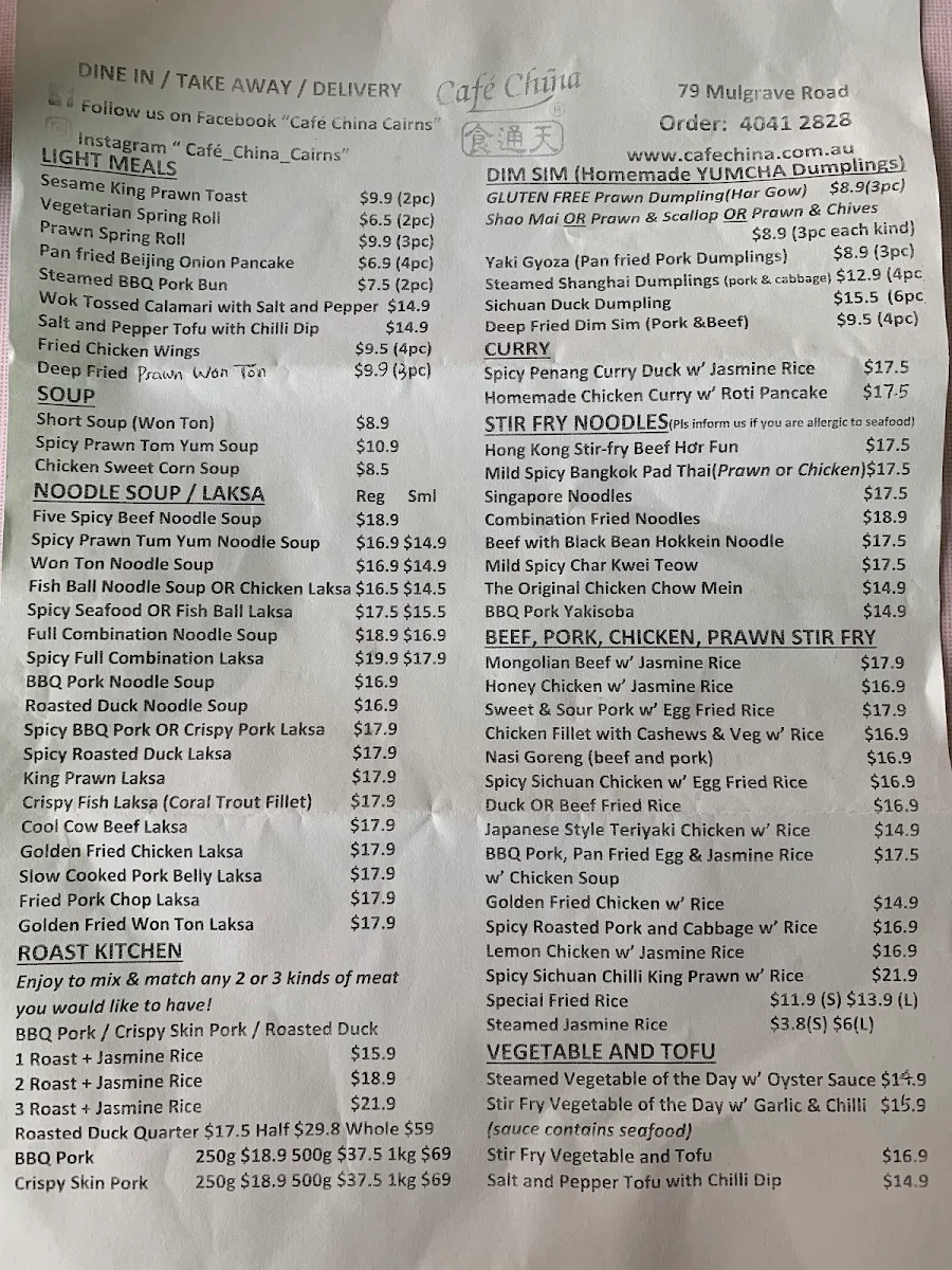 Menu, Cafe China On Mulgrave Road