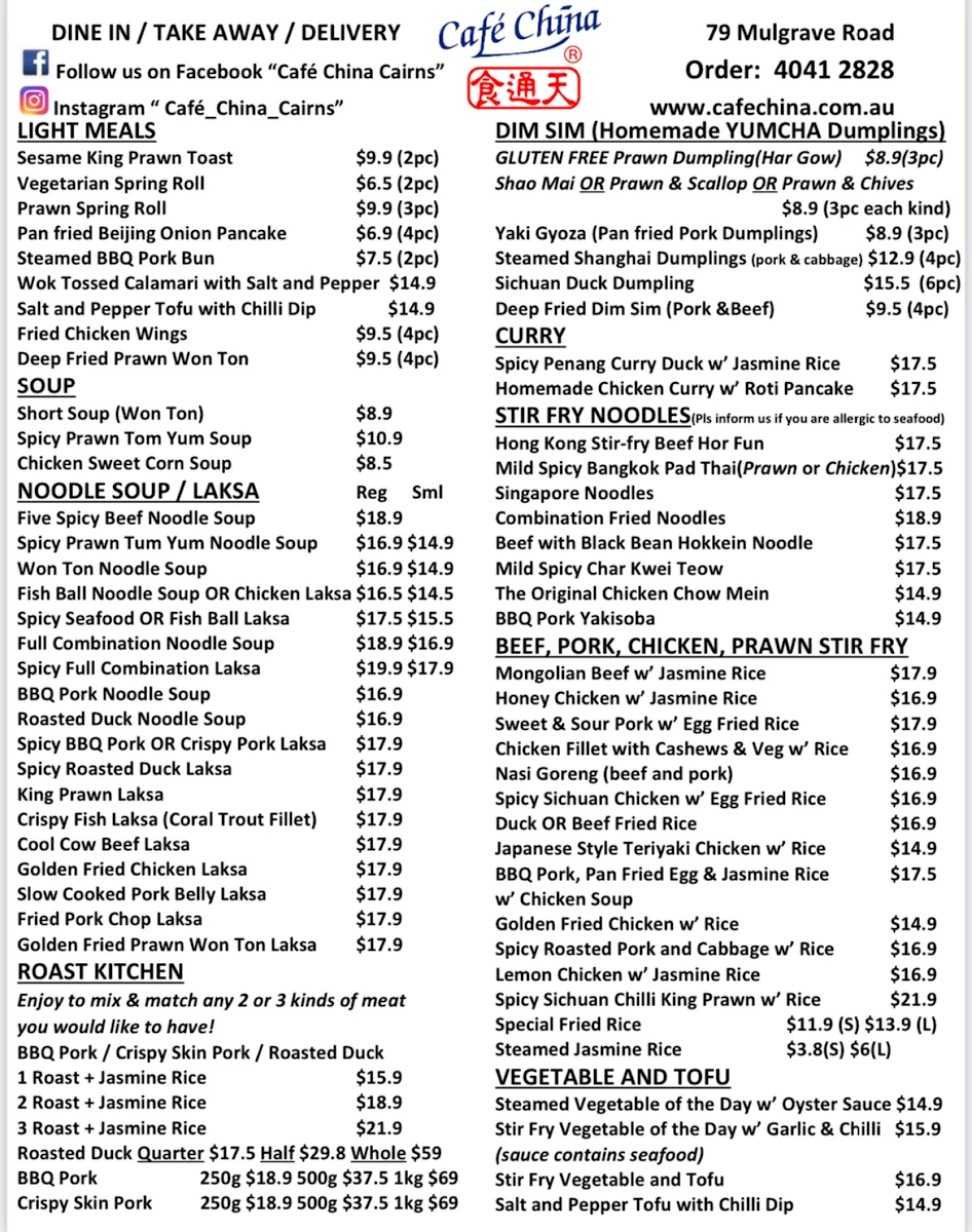 Menu, Cafe China On Mulgrave Road
