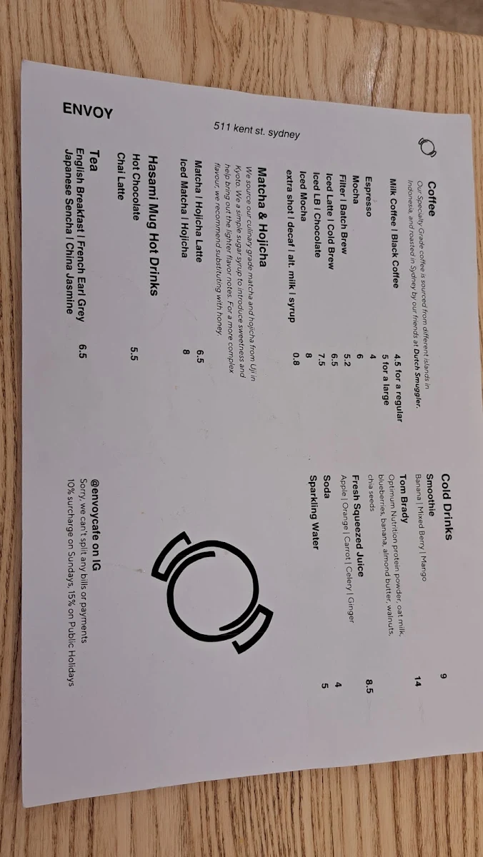 Menu, Envoy Cafe