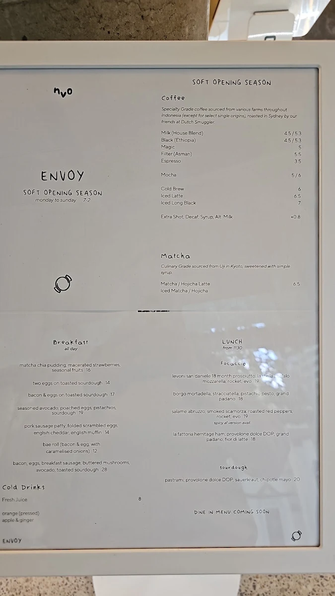 Menu, Envoy Cafe