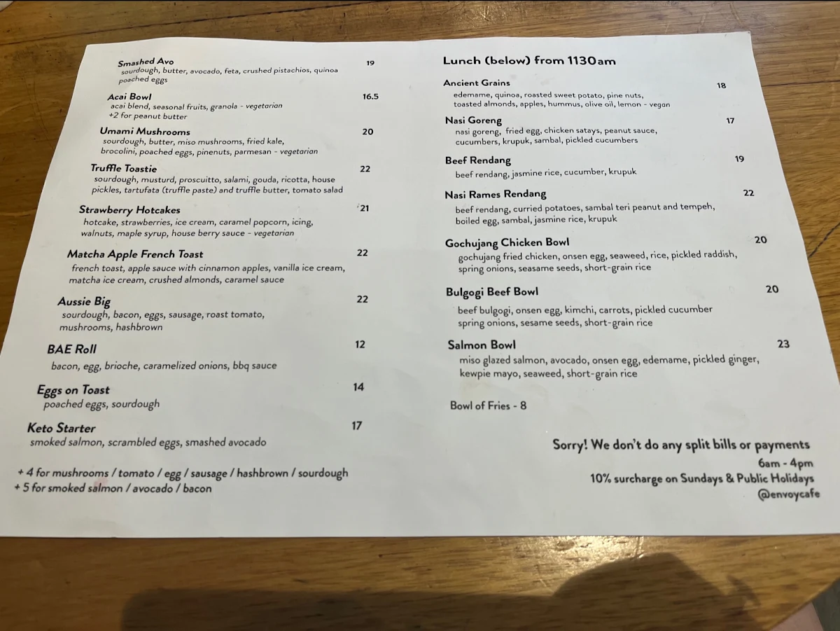 Menu, Envoy Cafe