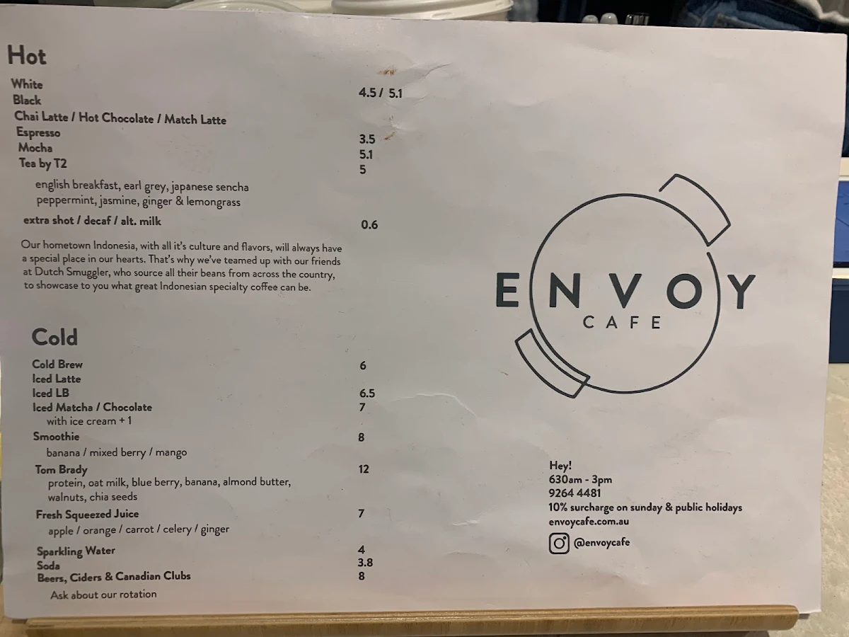 Menu, Envoy Cafe