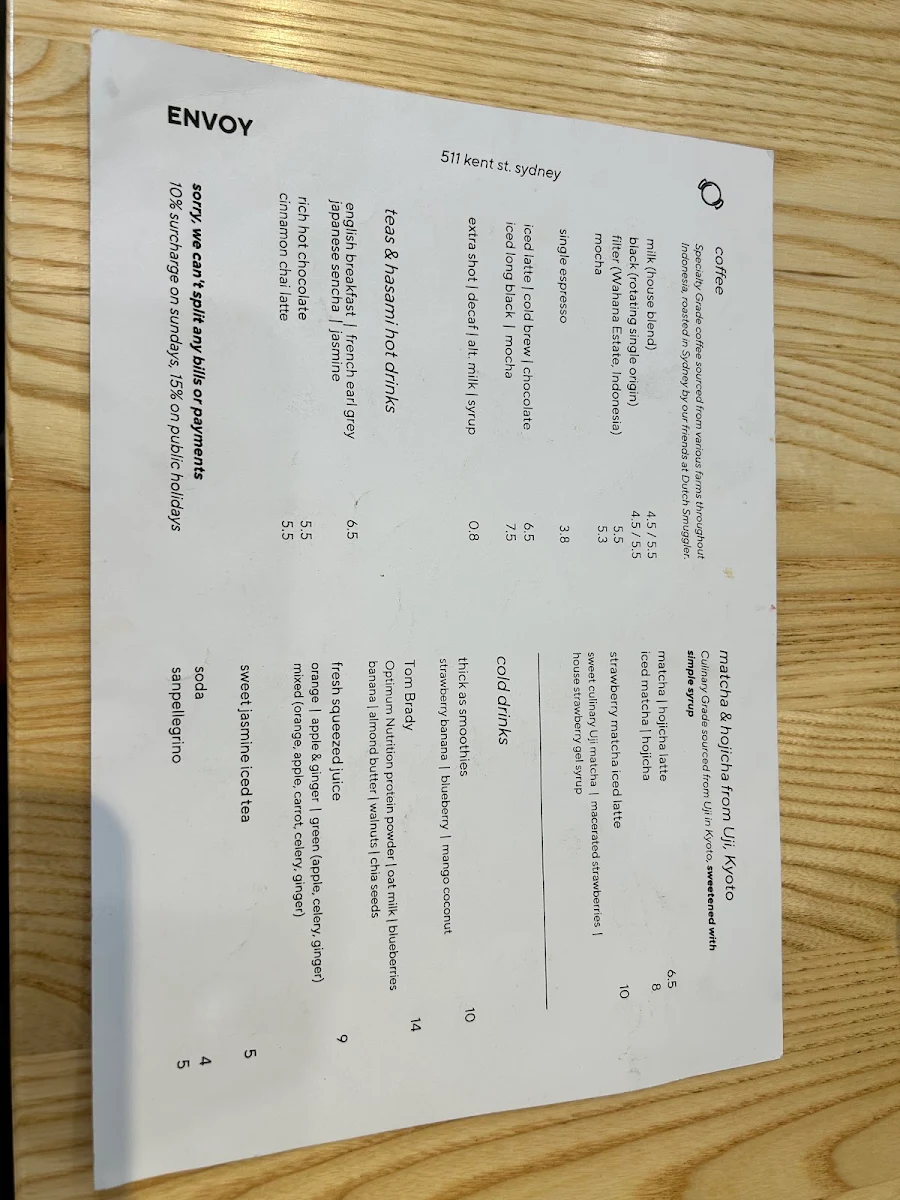 Menu, Envoy Cafe