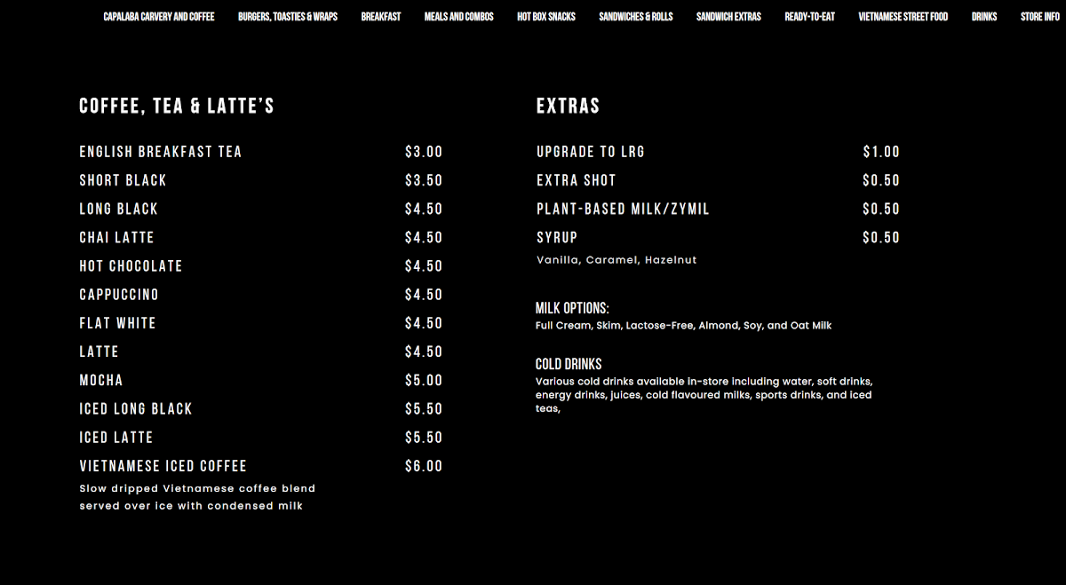 Menu, Capalaba Carvery and Coffee
