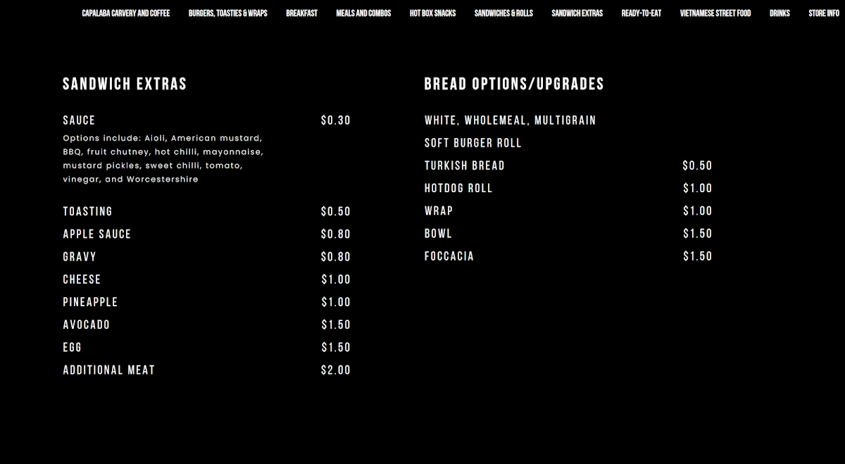 Menu, Capalaba Carvery and Coffee