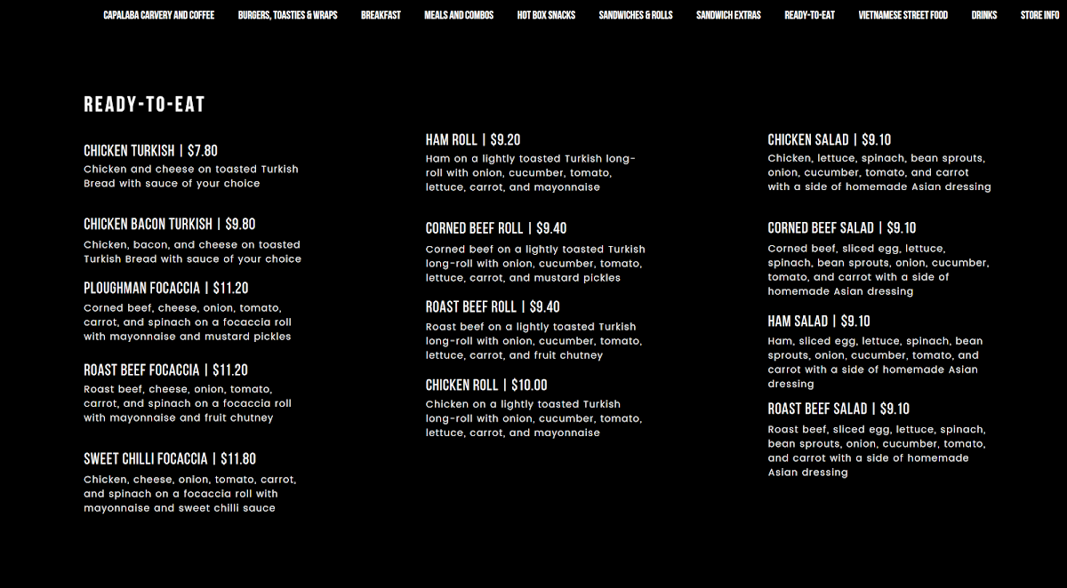 Menu, Capalaba Carvery and Coffee