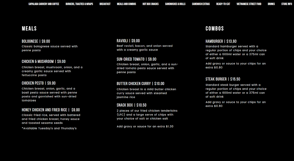 Menu, Capalaba Carvery and Coffee