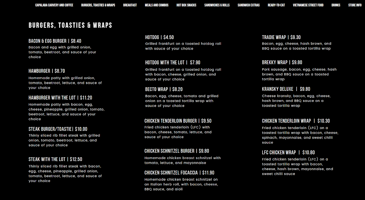 Menu, Capalaba Carvery and Coffee