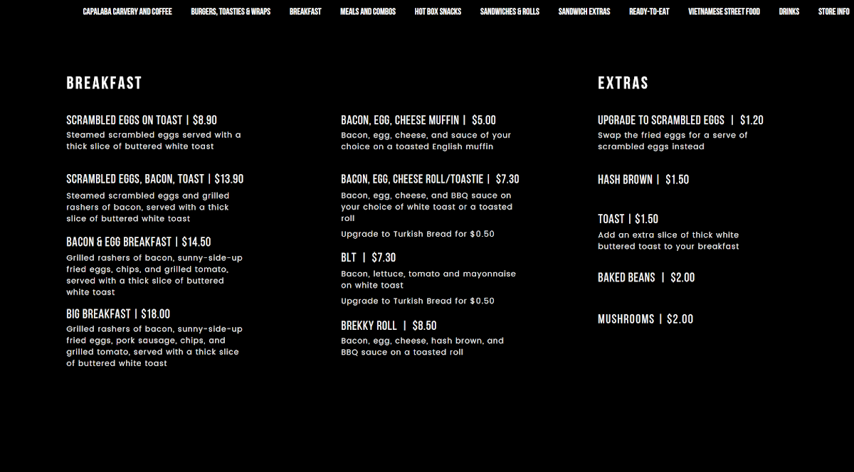 Menu, Capalaba Carvery and Coffee