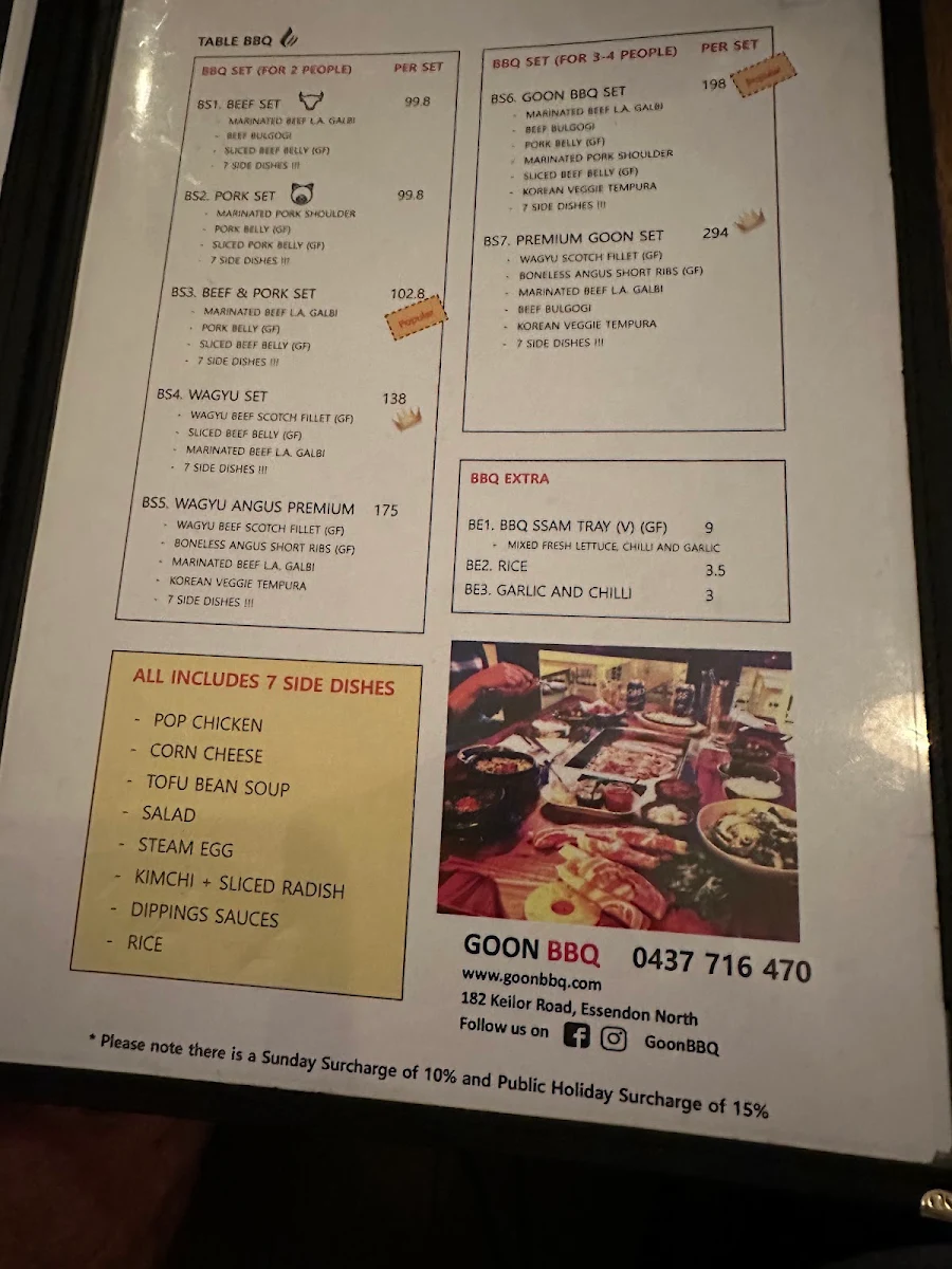 Menu, Goon Korean BBQ - Essendon North