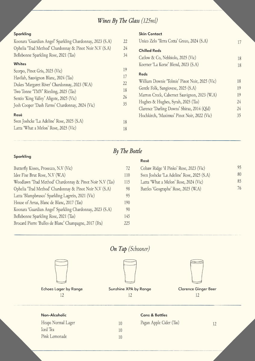 Menu, Clarence Restaurant