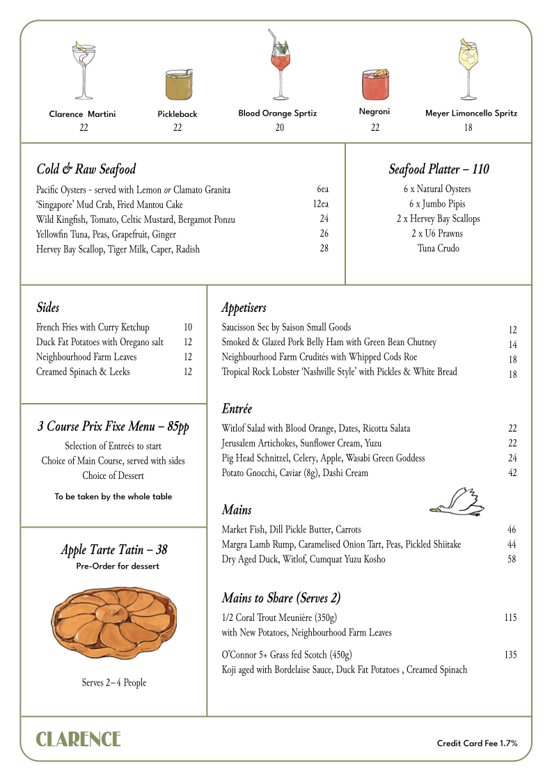 Menu, Clarence Restaurant