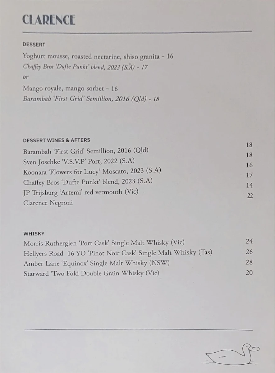 Menu, Clarence Restaurant