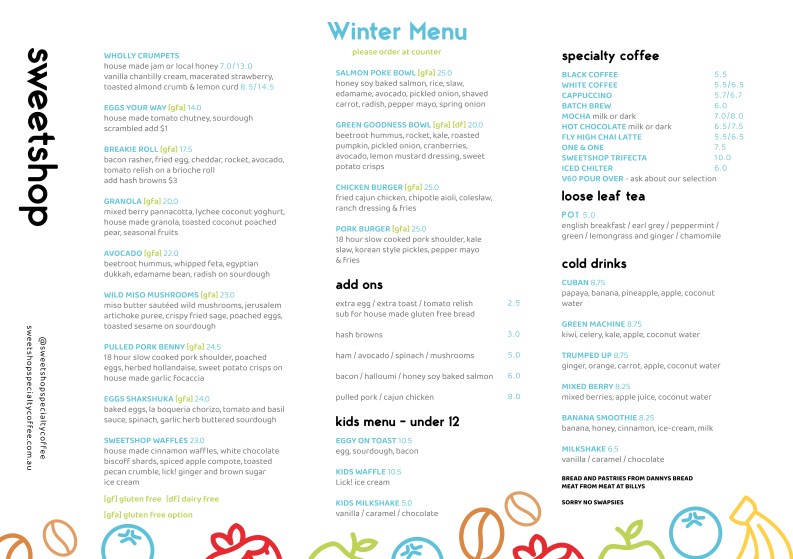Menu, Sweetshop Specialty Coffee