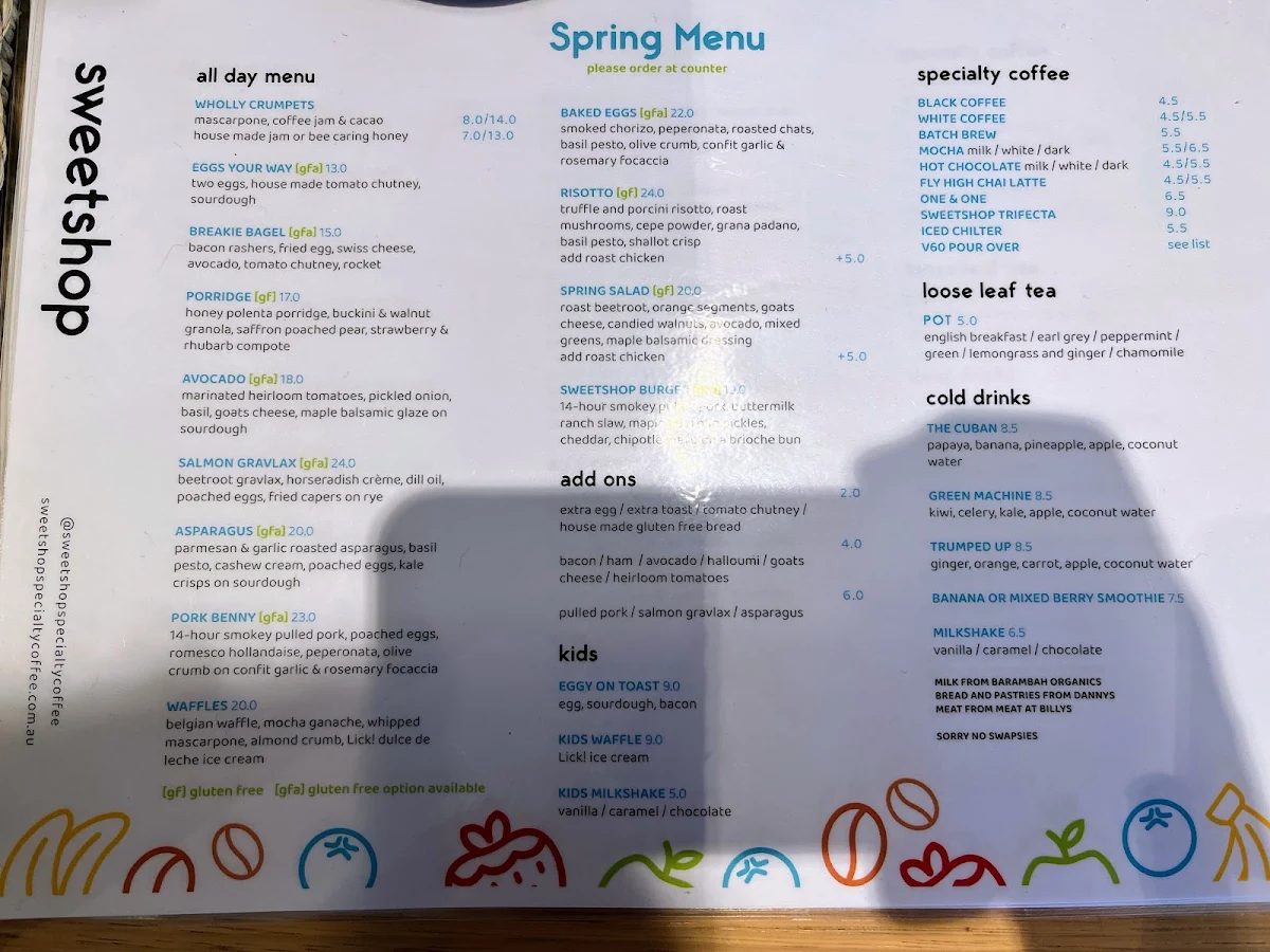 Menu, Sweetshop Specialty Coffee