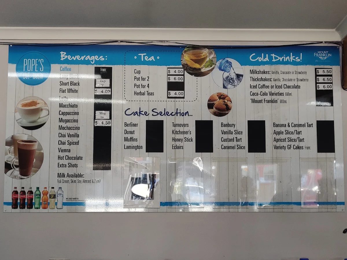 Menu, Pope's Cafe