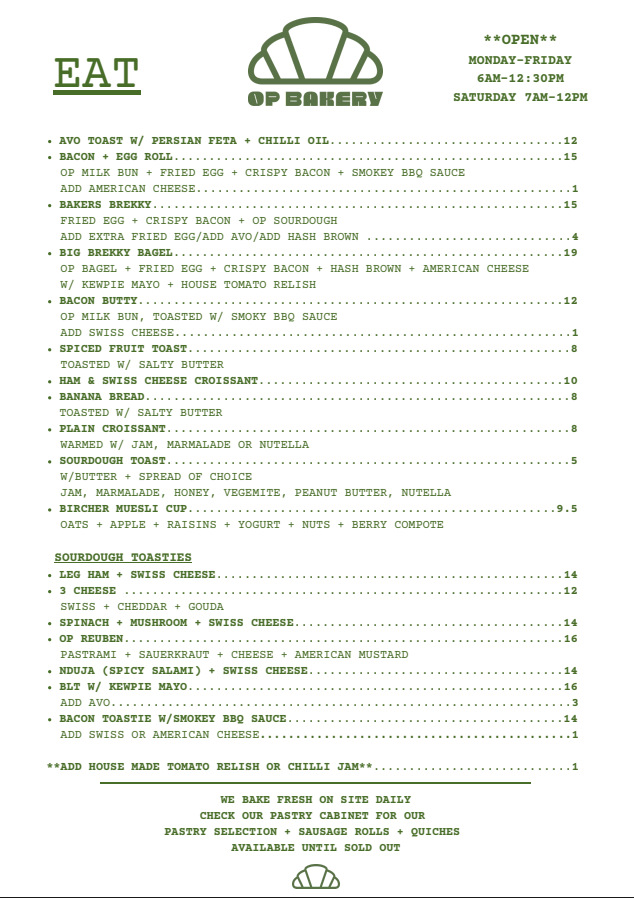 Menu, Our Place
