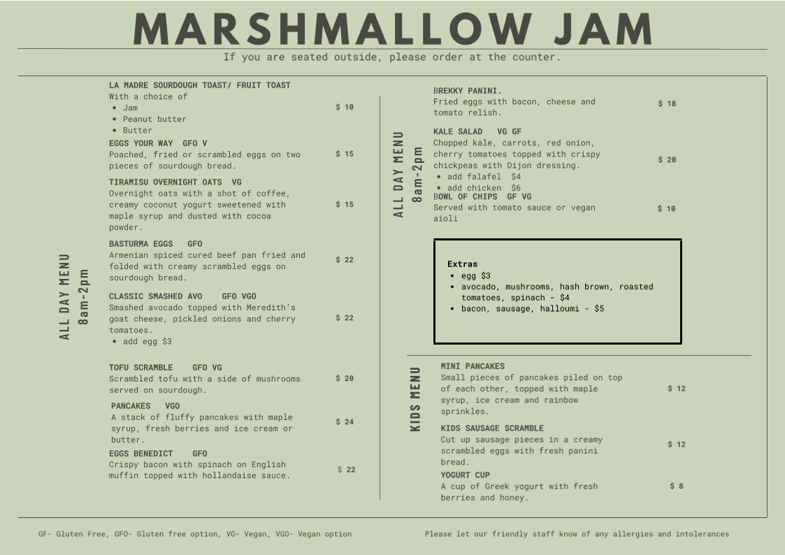 Menu, Marshmallow Jam Cafe