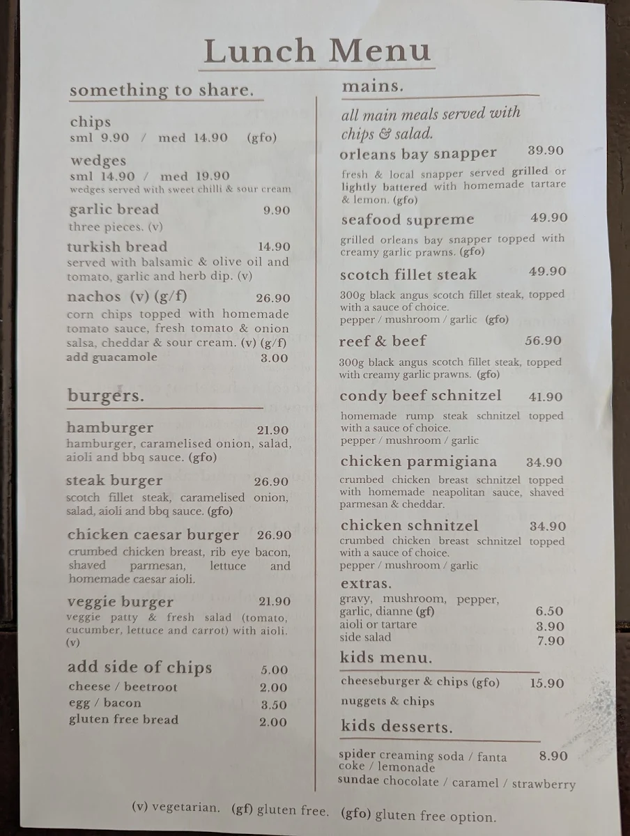 Menu, Condingup Tavern