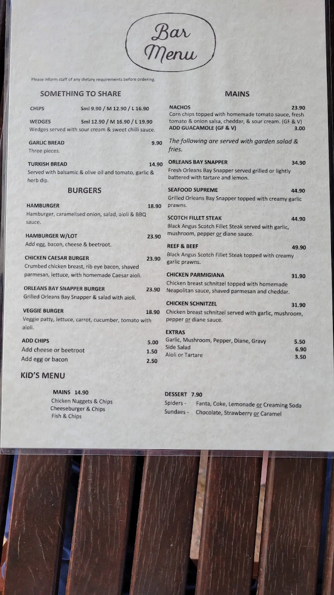 Menu, Condingup Tavern