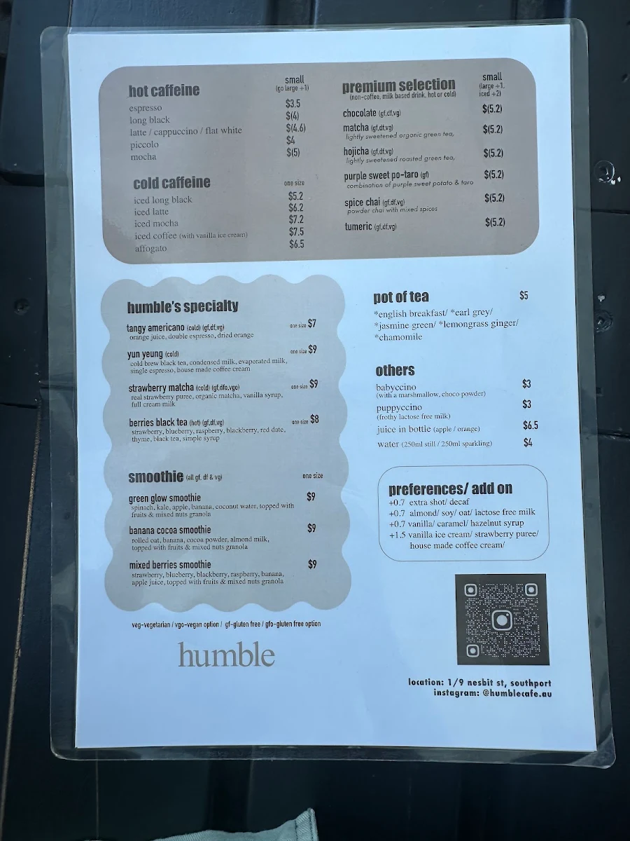 Menu, humble cafe