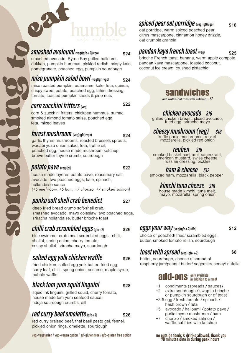 Menu, humble cafe