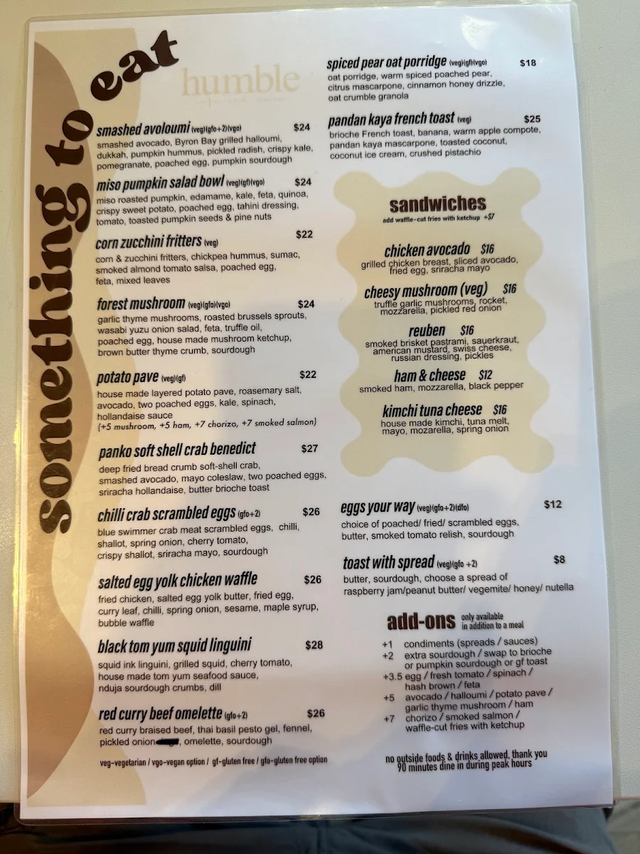 Menu, humble cafe
