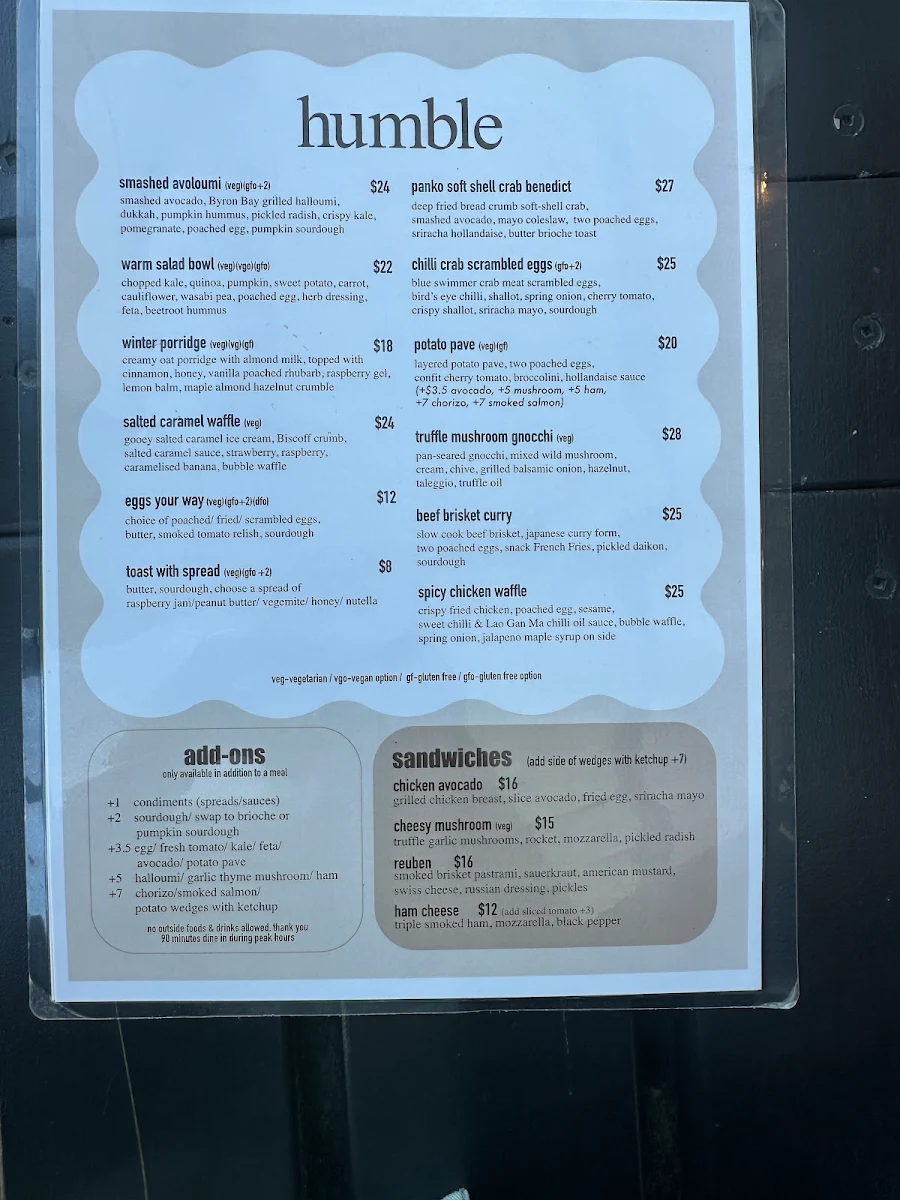Menu, humble cafe