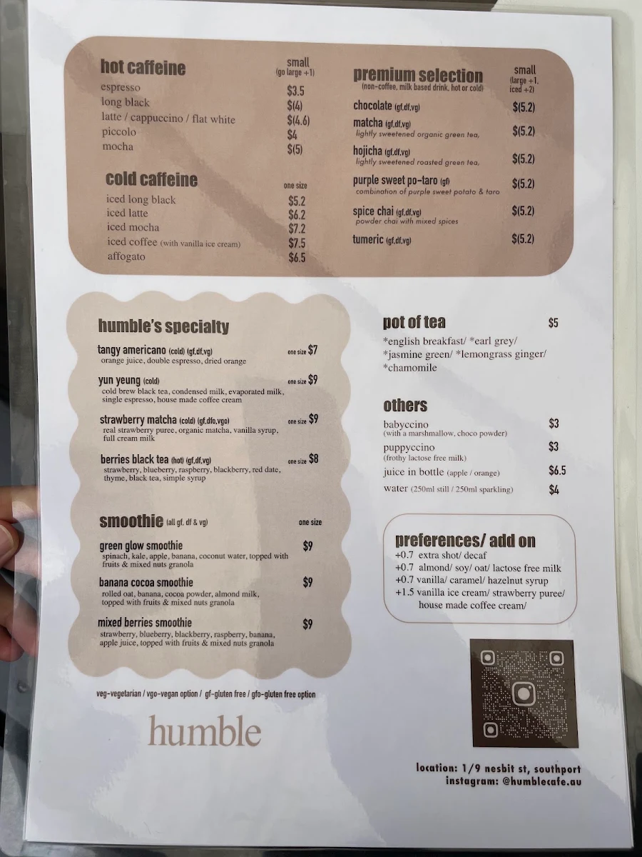 Menu, humble cafe
